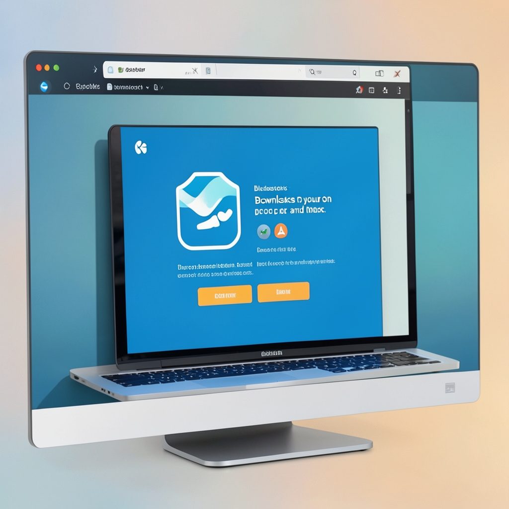 Illustration of a laptop and desktop monitor displaying a blue app-player interface, set against a bright cyan and white background